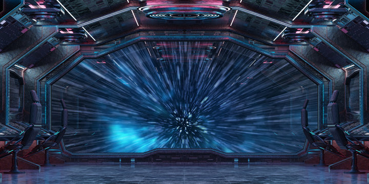 Grunge Spaceship interior with view on planet Earth 3D rendering