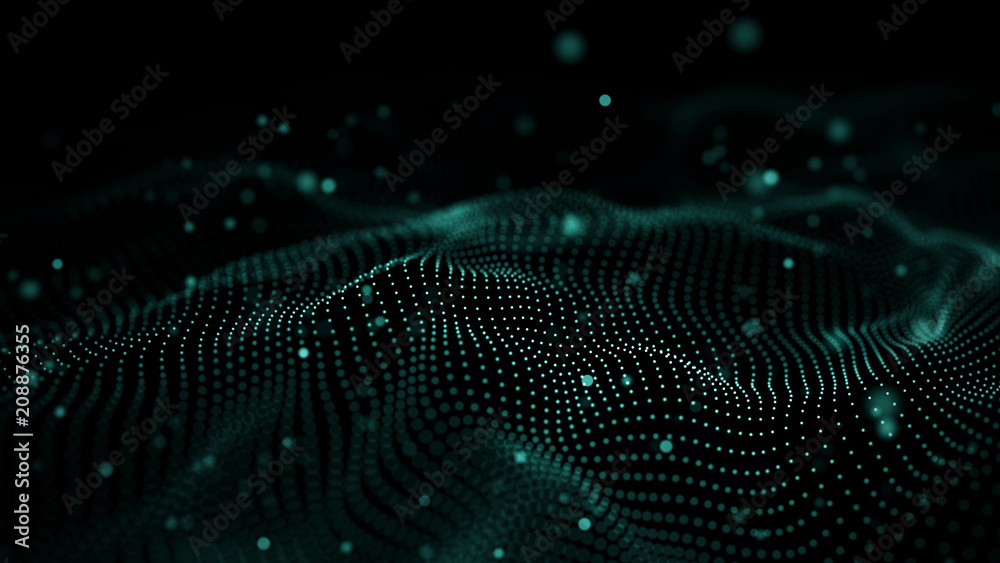Poster Data technology illustration. Abstract futuristic background. Wave with connecting dots and lines on dark background. Wave of particles.