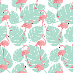Summer pattern background with pink Flamingo birds - obrazy, fototapety, plakaty