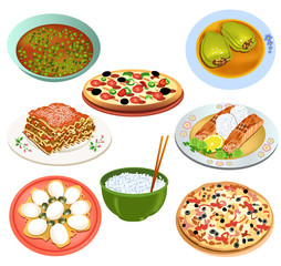 set of different food meals like pea, lasagna, eggs, pizza and salmon