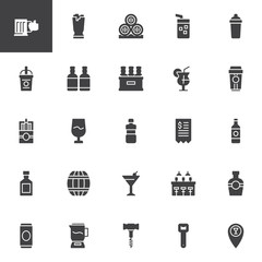 Bar beverages vector icons set, modern solid symbol collection filled style pictogram pack. Signs logo illustration. Set includes icons as Beer bottle, Wine barrel, Juice glass, Shaker, Cocktail drink