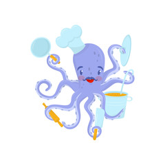 Flat vector icon of purple octopus with mustache and chef s hat on head. Sea animal holding kitchen tools in tentacles