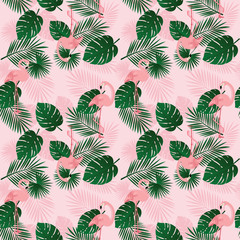Summer pattern background with pink Flamingo birds