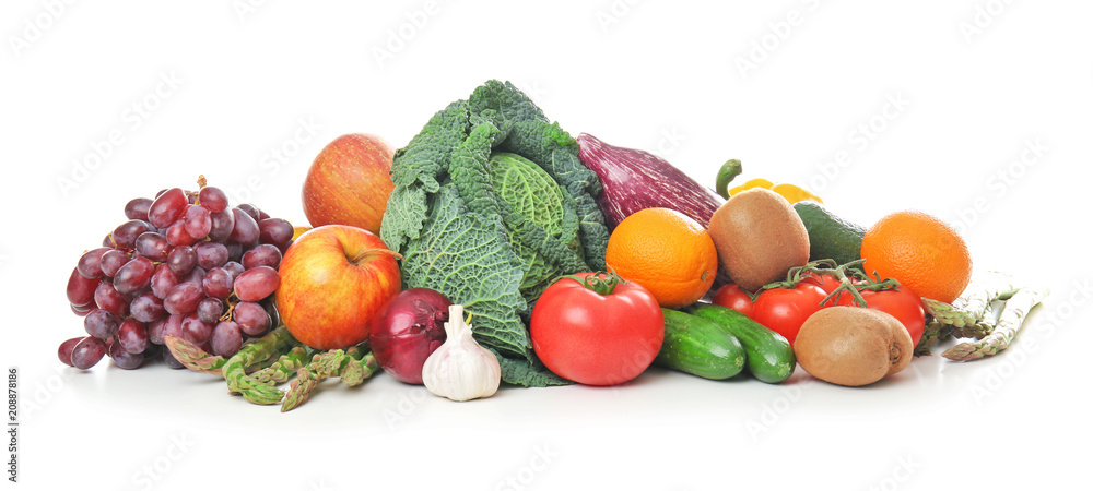 Sticker fresh fruits and vegetables on white background. healthy food concept