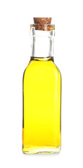 Fresh olive oil in bottle on white background