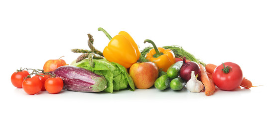 Fresh fruits and vegetables on white background. Healthy food concept