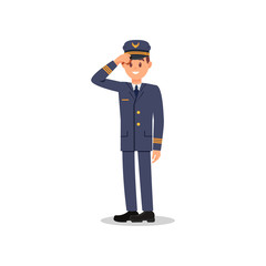 Smiling pilot holding his hat by hand. Professional aviator. Captain of airplane. Isolated flat vector illustration