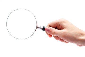 Hand holding magnifying glass isolated on white background