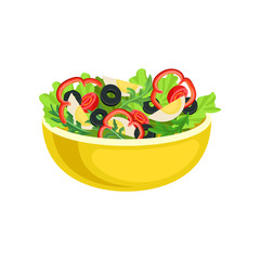 Flat vector icon of yellow bowl with tasty salad. Appetizing dish from boiled eggs and fresh vegetables. Element for menu or poster