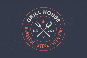 Logo for Grill House restaurant with grill fork, text typographic Grill House, Barbecue, Steak, Open Fire. Graphic template for restaurant, bar, cafe, food court and menu, label. Vector Illustration