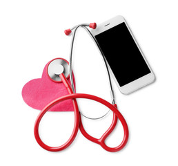 Stethoscope with heart and phone on white background. Health care concept