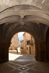 Fototapeta na wymiar arcade historical center of Calaceite, Matarraya, Teruel province,Spain