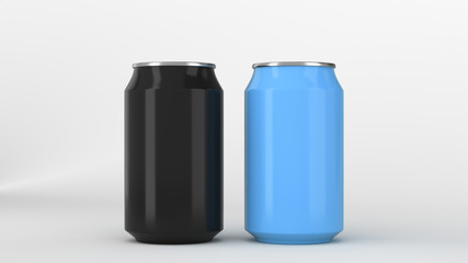 Two small black and blue aluminum soda cans mockup on white background