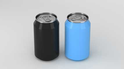 Two small black and blue aluminum soda cans mockup on white background