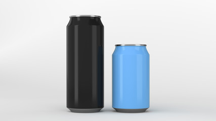 Big black and small blue aluminum soda cans mockup