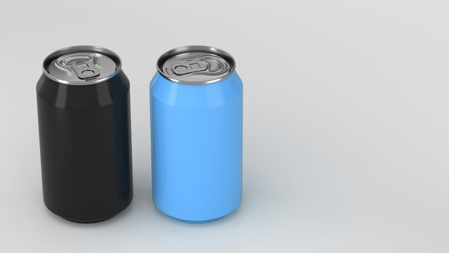 Two small black and blue aluminum soda cans mockup on white background