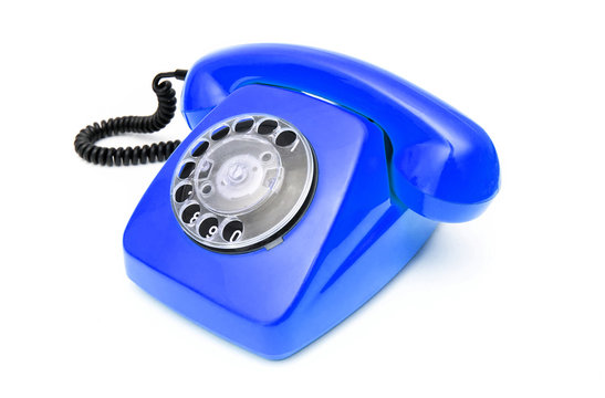 Blue retro telephone isolated on white background