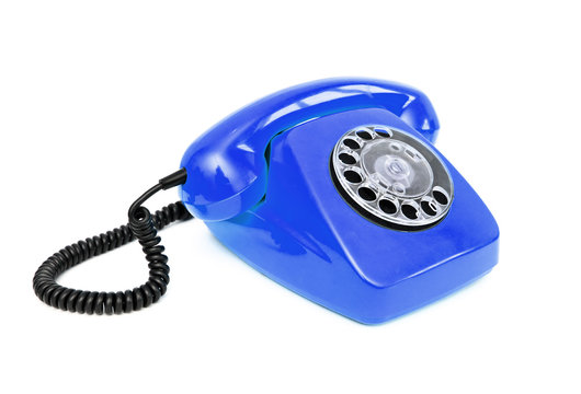 Blue retro telephone isolated on white background