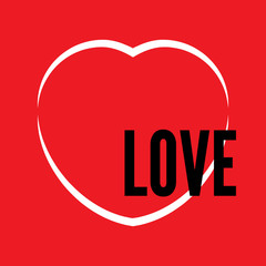 White heart outline on a red background with black inscription Love. Vector illustration.
