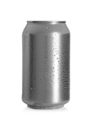 Aluminum can of cold beer on white background