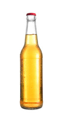 Glass bottle of cold beer on white background