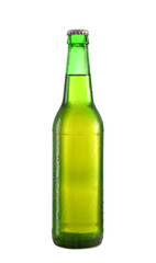 Glass bottle of cold beer on white background