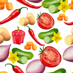 Seamless pattern with vegetables. Vegeterian food. Tomato, pumpkin, cabbage, potatoes onion broccoli carrot pepper and garlic. 3d realism vector illustration.