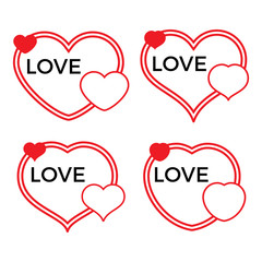 Set of four red hearts on a white background with black inscription Love. Vector illustration.

