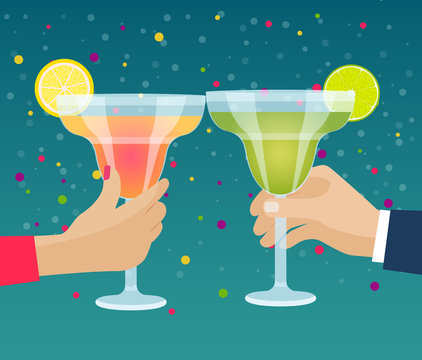 Human hands with glasses Margarita cocktail. Vector flat illustration