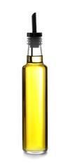 Glass bottle with olive oil on white background