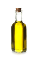 Glass bottle with olive oil on white background