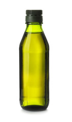 Glass bottle with olive oil on white background