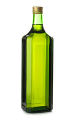 Glass bottle with olive oil on white background
