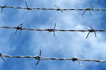 Barbed wire and sky backdrop.