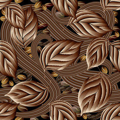Modern brown 3d coffee beans seamless pattern. 