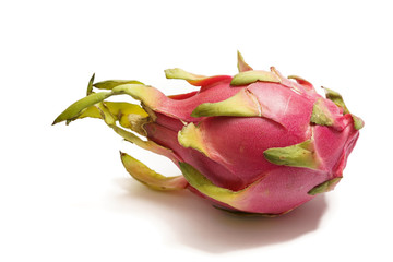 Whole Pitaya (pitahaya) or Dragon fruit and cut into half piece are isolated on white background.