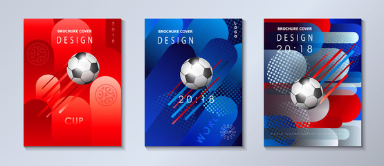 Soccer world international competition abstract brochure covers, banners set. Dynamic concept modern design, sports, football symbols, soccer ball, russian flag pattern vector