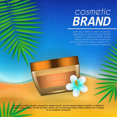 Summer sunblock cosmetic design template on beach background with exotic palm leaves. Realistic sun protection and sunscreen product ads.