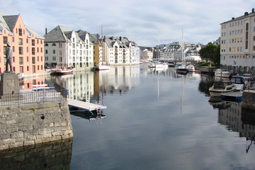 A panorama of the streets of the Norwegian town of Alesund near the coast of the Gulf.