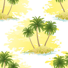 Fototapeta na wymiar Exotic Seamless Pattern, Tropical Ocean Landscape, Islands with Palms Trees on Abstract White and Yellow Tile Background. Vector