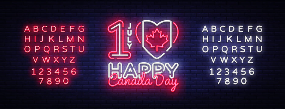 Canada Day Neon Vector Design Template. Happy Canada Day Illustration festive, colorful flyer, banner light, modern design. Vector illustration. Editing text neon sign
