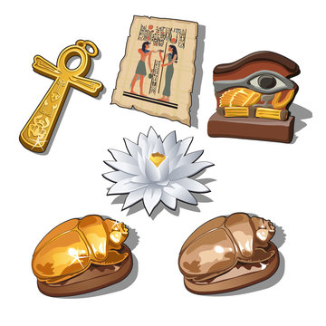 A set of sacred symbols and artifacts of ancient Egypt isolated on a white background. Vector illustration.