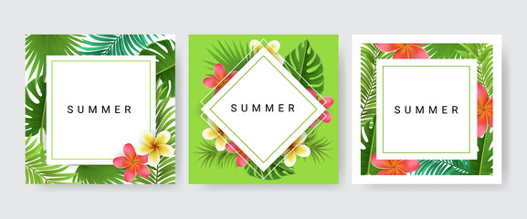 Card frame set with palm leaf, exotic flower for tropical design. Vector illustration, paper card collection with three designs