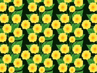 yellow flower and leaves with branch seamless pattern with dark background