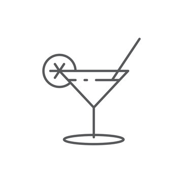 Alcohol cocktail in martini glass with citrus decoration and straw - outline editable icon of beverage.