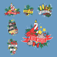 Christmas hand drawn tape badges style holiday season decoration vector logo illustration.