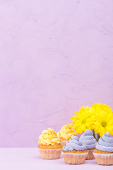 Cupcakes decorated with yellow and violet cream and bouquet of chrysanthemums on violet pastel background with text area for greeting banner.