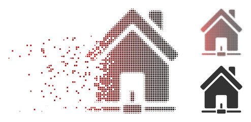 Vector home internet connection icon in sparkle, pixelated halftone and undamaged entire versions. Disappearing effect uses rectangular dots and horizontal gradient from red to black.