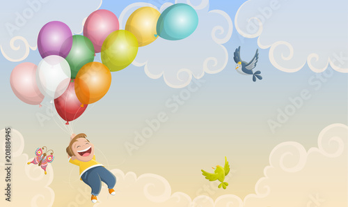 Happy Cute Cartoon Kid Illustration Flying With Balloons And