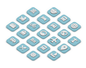 3D isometric icons of travel isolated on a grey background.
